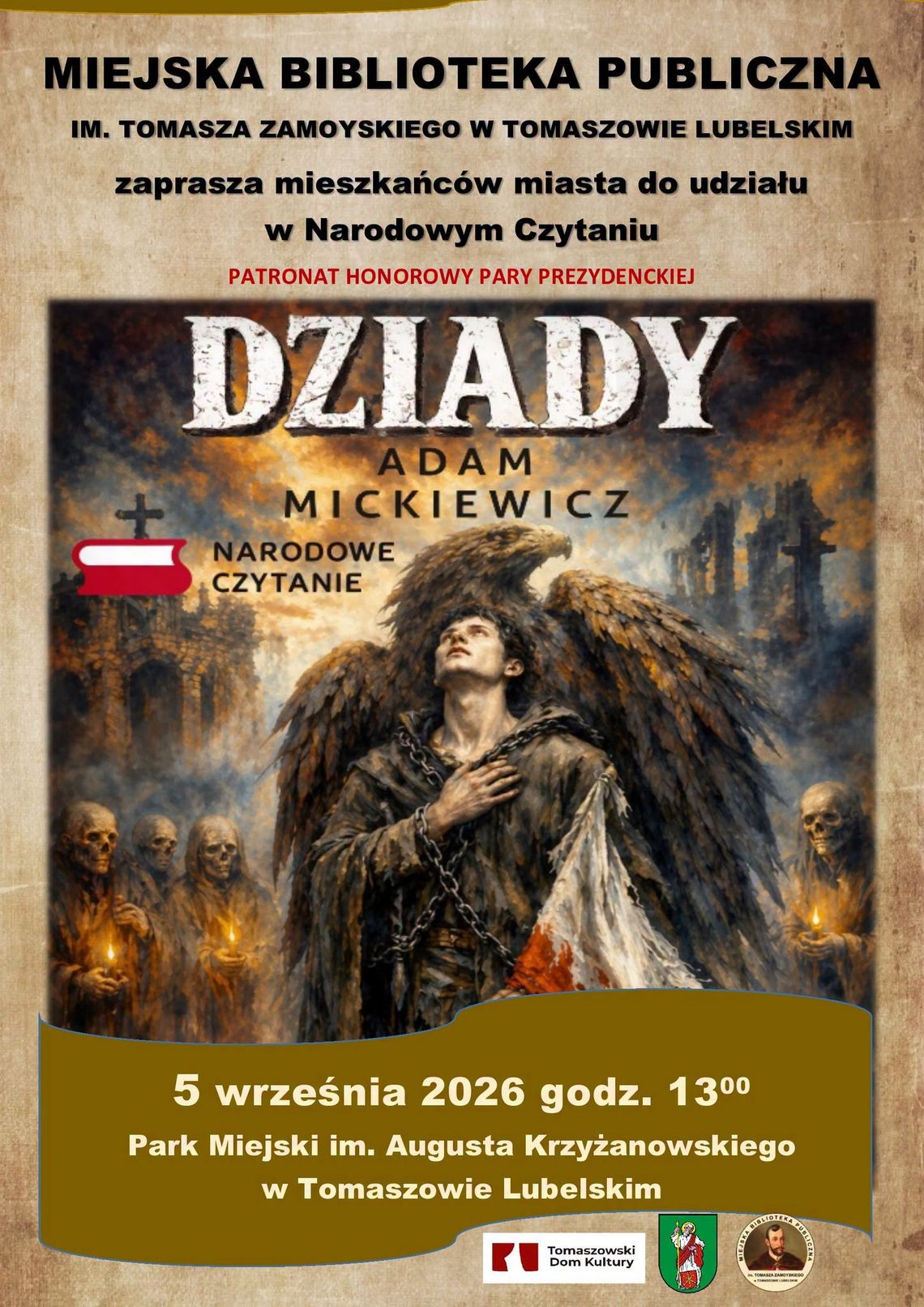 Tomaszów Lubelski: Narodowe Czytanie "Dziadów" Adama Mickiewicza Plakat wydarzenia Narodowe Czytanie poświęconego Dziadom Adama Mickiewicza w Tomaszowie Lubelskim