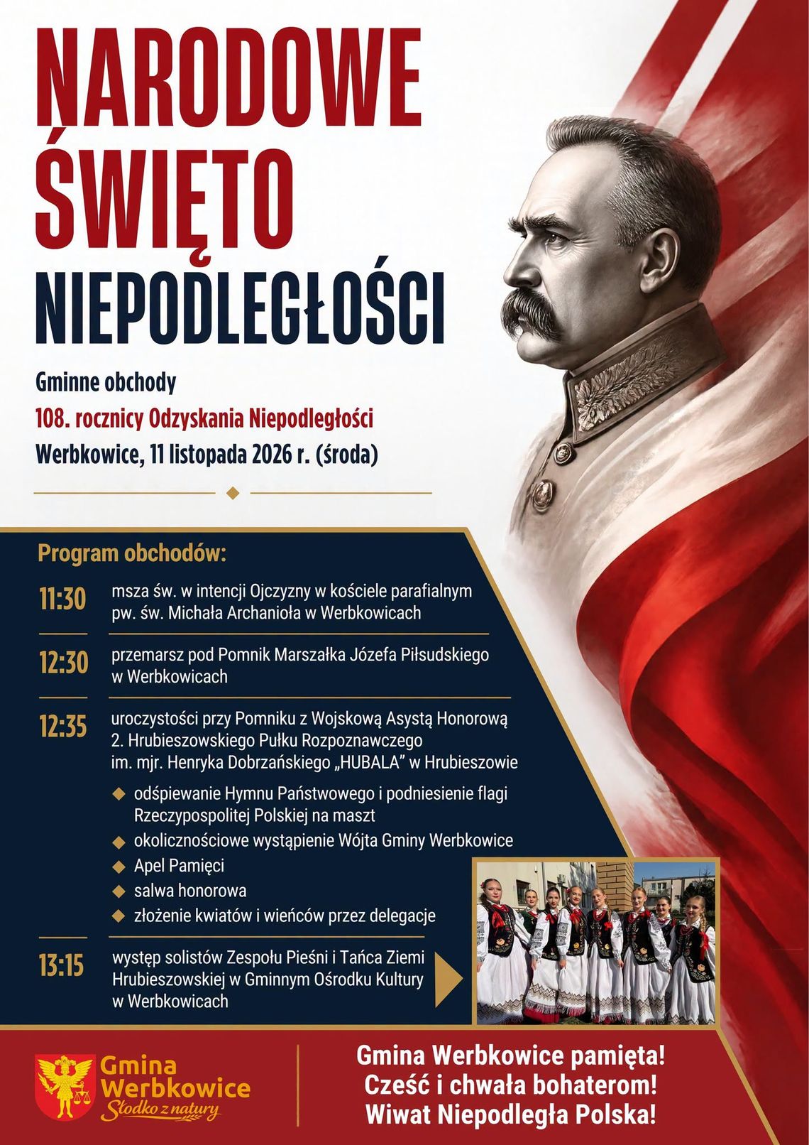 Werbkowice: Narodowe Święto Niepodległości Plakat gminnych obchodów Narodowego Święta Niepodległości w Werbkowicach z programem uroczystości na 11 listopada 2026 roku.