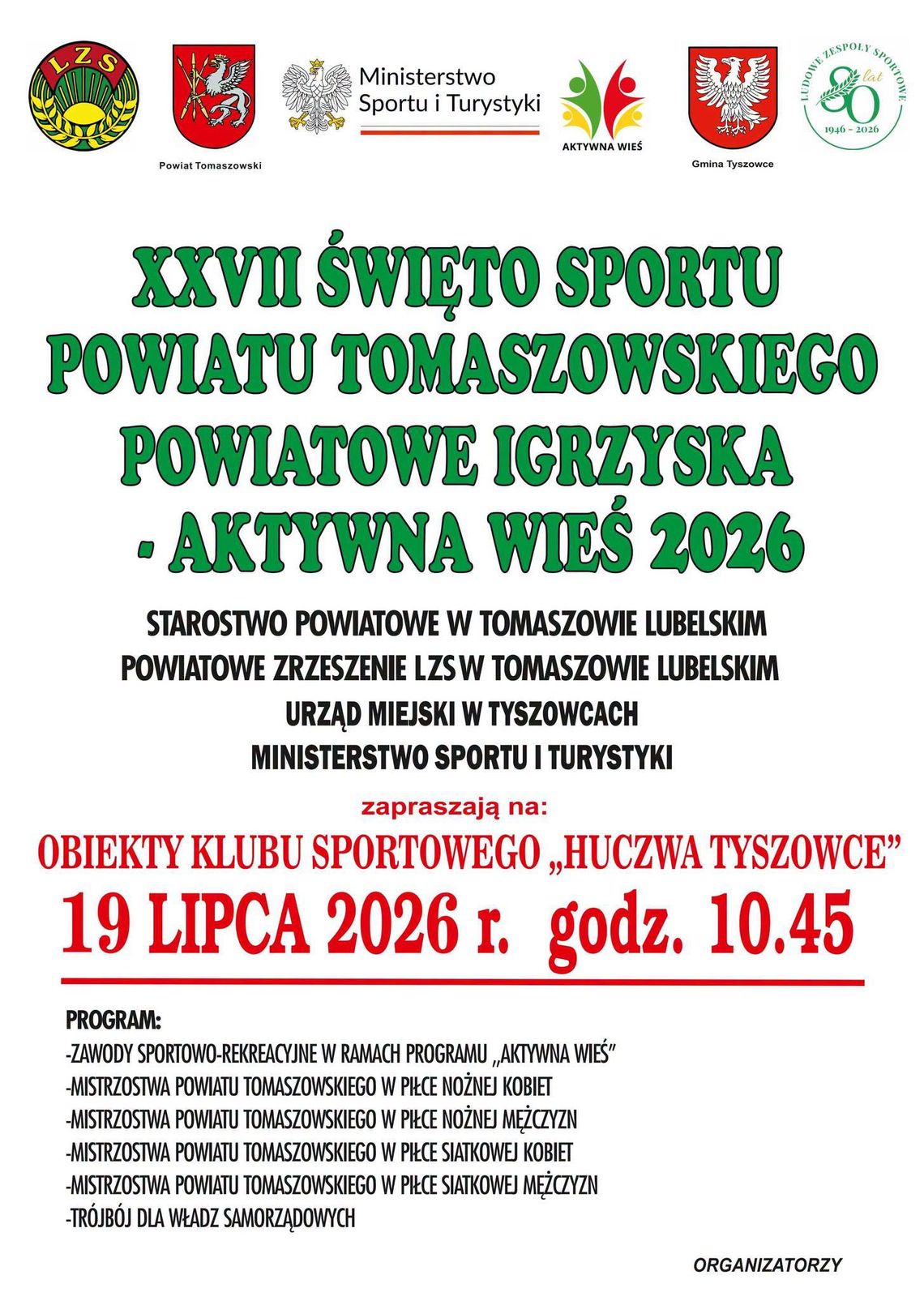 XXVII Święto Sportu Powiatu Tomaszowskiego – Powiatowe Igrzyska Aktywna Wieś 2026 Plakat wydarzenia sportowego XXVII Święto Sportu Powiatu Tomaszowskiego – Powiatowe Igrzyska Aktywna Wieś 2026