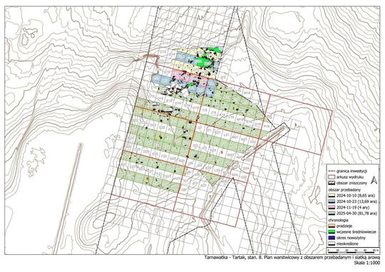 Stanowisko Tarnawatka - Tartak 8. Plan warstwicowy stanowiska z przebadanymi arami i obiektami archeologicznymi. Aut. A. Sznajdrowska - Pondel