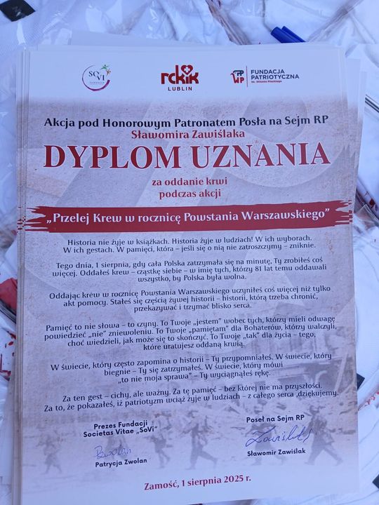 Zamość: Akcja poboru krwi w rocznicę Powstania Warszawskiego [ZDJĘCIA]