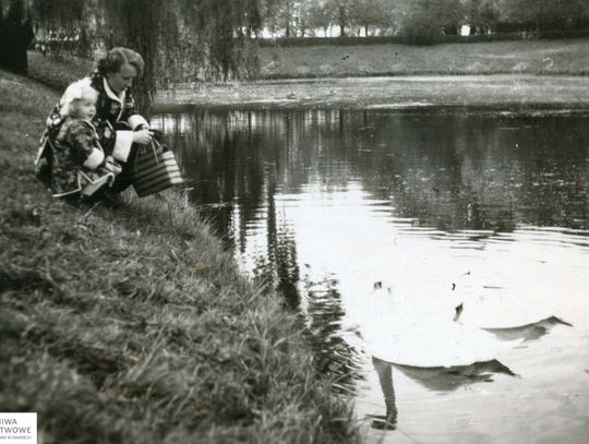 Pani Baranowska z córką Krystyną, karmiąca łabędzie w parku miejskim w Zamościu, l. 50. XX w.