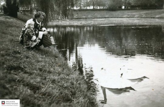 Pani Baranowska z córką Krystyną, karmiąca łabędzie w parku miejskim w Zamościu, l. 50. XX w.