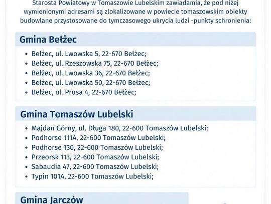 Powiat tomaszowski: Adresy miejsc doraźnego schronienia