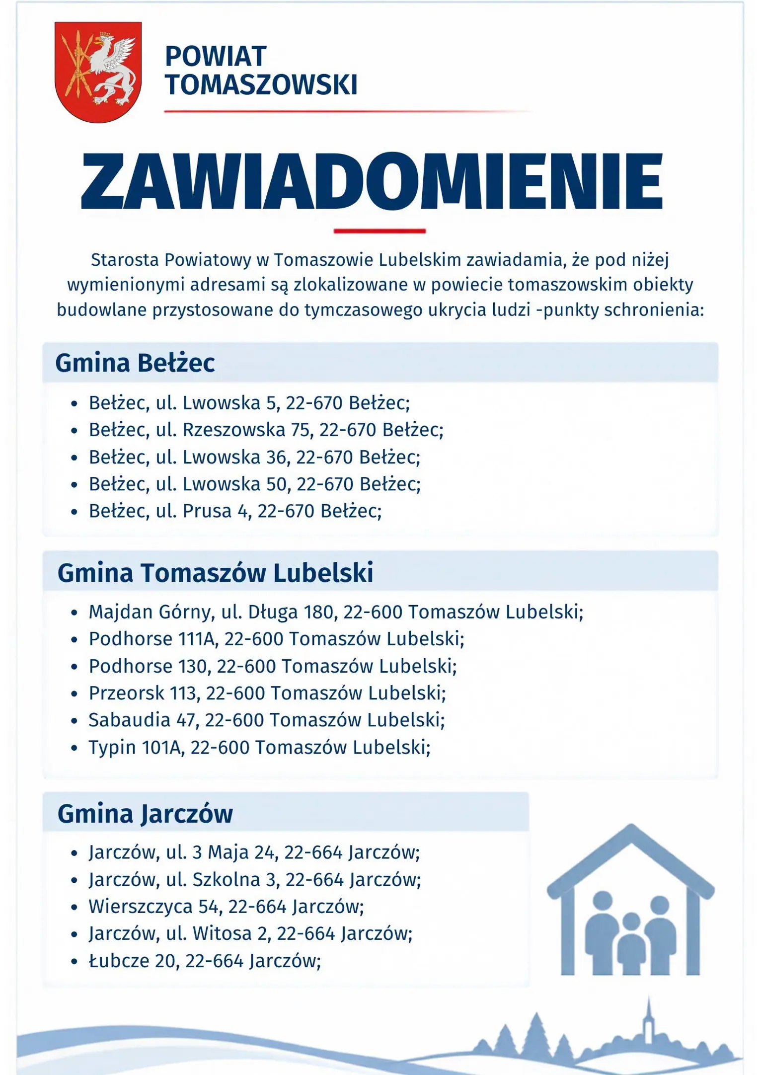 Powiat tomaszowski: Adresy miejsc doraźnego schronienia